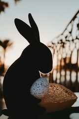 Poster - Silhouette of a Rabbit Holding a Speckled Egg at Sunset by the Water