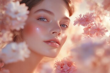 Wall Mural - Stunning beauty portrait among delicate pink blossoms in a serene floral setting