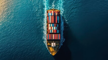 Poster - Aerial view of a container ship sailing on the ocean.