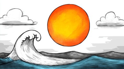 Wall Mural -  a drawing of a large wave in the ocean with the sun setting in the background, surrounded by clouds The colors of the sky are a mix of oranges, pinks, and purples,