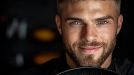 Wall Mural -  a man with a beard smiling at the camera while holding a black object in his hand The background is blurred, giving the focus to the man and the object he is holdi