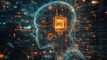 AI head, digital brain, data stream background, technology concept, website banner