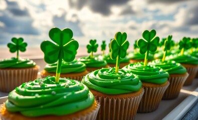 Festive cupcakes with green shamrock toppers for st patrick's day St Patrick's Day green irish clover saint ireland shamrock