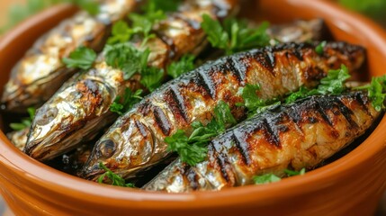 Poster - Close-up of grilled sardines in a bowl, garnished with fresh parsley.
