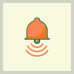 Poster - Stylized notification bell icon with sound waves in orange and green colors against cream backdrop