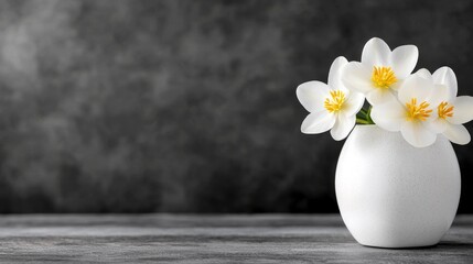 Wall Mural -  a white vase filled with white crocuses on top of a wooden table The vase is filled to the brim with the delicate petals of the flowers, and the wooden table provi