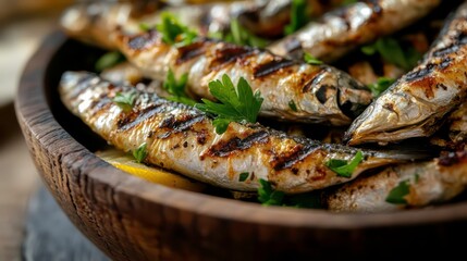Poster - Close-up of grilled sardines in a wooden bowl, garnished with parsley and lemon slices.