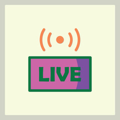 Poster - Live broadcast icon with signal waves and purple box green letters on white background