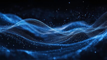 Poster - Abstract blue particle wave flowing in dark background.