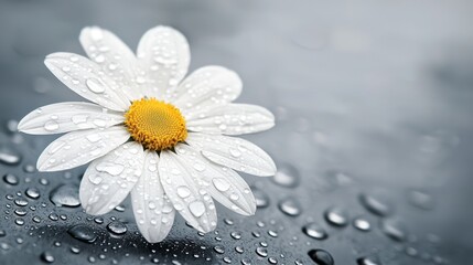 Wall Mural -  a white daisy with a yellow center and water droplets on its petals, set against a blurred background