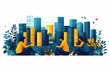 Poster - Colorful graphic layout features three individuals interacting with devices in an urban setting