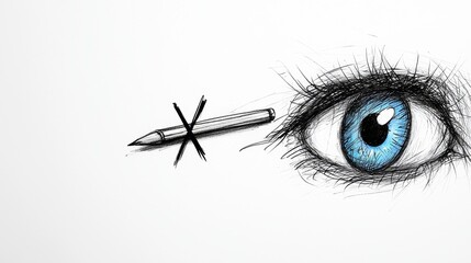 Wall Mural -  a drawing of a blue eye with a pencil in it, set against a white background The eye is drawn in detail, with the pupil, eyelashes, and eyelid all clearly visible