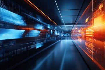 Poster - Futuristic corridor with vibrant digital displays and glowing lights in a modern setting