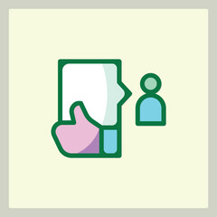 Poster - A stylized icon of a hand holding a document next to a stylized person, in green, pink and blue