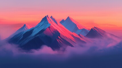 Wall Mural - Majestic Pink Mountains Surrounded by Soft Clouds at Sunset