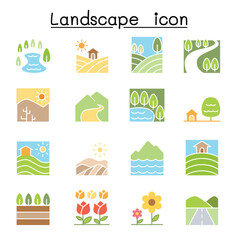 Poster - Landscape icon set in thin line style