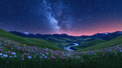 Wall Mural - Serene Night Landscape with Stars Over Rolling Hills and Flowers