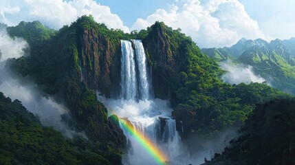 Wall Mural - Majestic Waterfall Surrounded by Lush Greenery and Vibrant Rainbow