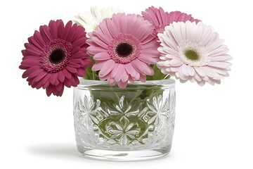 Wall Mural - Vibrant arrangement of gerbera daisies in a crystal vase on display