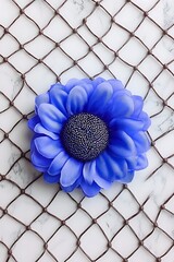 Wall Mural - Vibrant blue flower resting on textured netting against a marble background