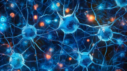 Poster - Glowing Neural Network, Neuroscience An Abstract Illustration on a Dark Blue Backdrop