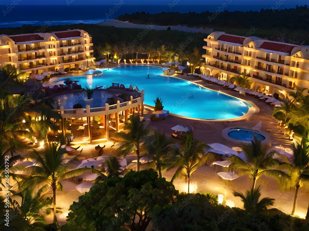 Nighttime Oasis: A luxurious resort complex nestled amidst lush palm ...