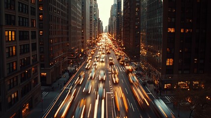 Aufkleber - Light trails from moving cars illuminating park avenue at dusk, surrounded by towering buildings with glowing windows, creating a vibrant cityscape in new york city
