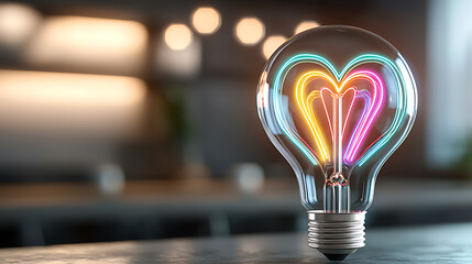 Poster - Innovative heart-shaped light bulb modern workspace digital art contemporary environment close-up view creativity concept