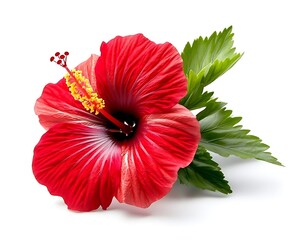 Wall Mural - Vibrant red hibiscus flower with green leaves on a white background