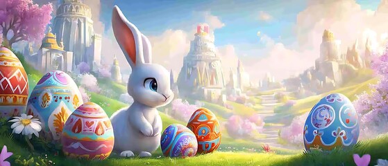 Poster - Whimsical bunny surrounded by colorful Easter eggs in a serene landscape