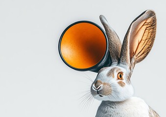 Wall Mural - Whimsical rabbit with oversized orange cup, playful setting, vibrant background