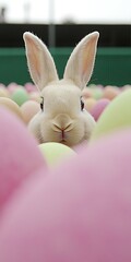 Poster - White rabbit among colorful Easter eggs in a festive outdoor setting