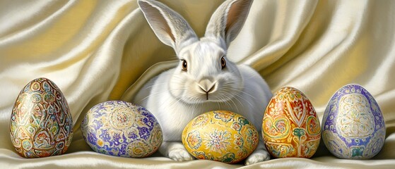 Wall Mural - White rabbit surrounded by colorful decorative eggs on satin fabric