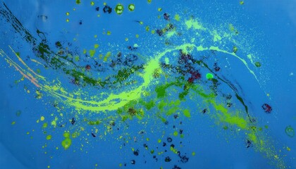 Poster - abstract vibrant paint splashes on blue background with green, yellow, and red splatter effects, ideal for modern art or creative design projects