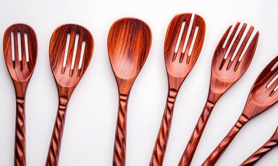 Canvas Print - Wooden Spoons Forks White Background Kitchenware