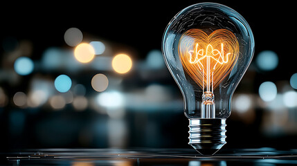 Poster - Heart-shaped light bulb illuminates night artistic photography urban setting creative atmosphere