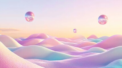 Poster - Pastel hills landscape with floating iridescent spheres at sunset.