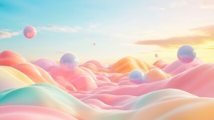 Poster - Pastel hills and floating spheres at sunset.