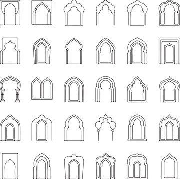 Set of 30 Editable Vector Icons: Islamic Door & Window Designs in Arabic, Moorish, & Persian Arch Styles