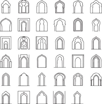 Set of 30 Editable Vector Icons: Islamic Door & Window Designs in Arabic, Moorish, & Persian Arch Styles