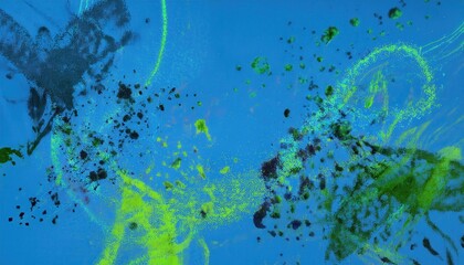 Poster - abstract vibrant paint splashes on blue background with green, yellow, and red splatter effects, ideal for modern art or creative design projects