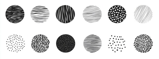 Canvas Print - A large collection of round abstract black backgrounds or patterns, featuring hand-drawn doodle shapes such as spots, drops, curves, and lines. This contemporary, modern, and trendy illustration is