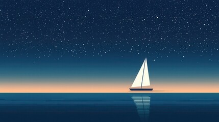 Wall Mural - Tranquil Night Sky Over Calm Ocean with a Sailboat Silhouette