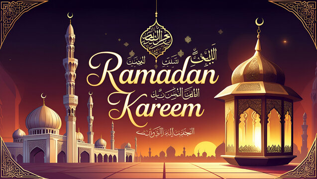 Ramadan Kareem horizontal vector banner, text in middle with lantern and Mosque. Ramadan Kareem ads, flyer, invitation, greeting card. Islamic background Ai Generative
