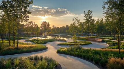 Wall Mural - Serene sunrise over a landscaped park with winding paths, a pond, and benches.