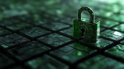 Fototapete - A digital padlock floating above a matrix of encrypted data