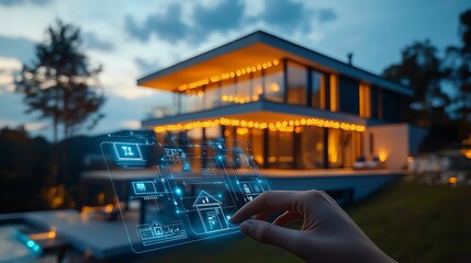 Fototapete - A persons hand using a digital interface in front of a modern architectural house