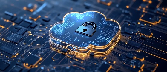Leinwandbilder - A futuristic cloud storage concept with a metallic microchip and a padlock symbol