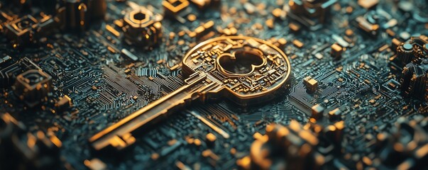 Poster - A closeup of a metallic key surrounded by digital locks and encrypted code