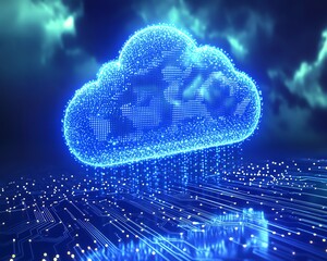 Fototapete - Cloud computing concept, digital cloud hovering over a circuit board, symbolizing secure data storage, glowing data connections, futuristic design, ultradetailed, 8K, Midjourney v5